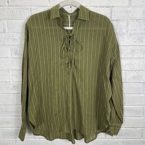 Free People Linen Blend Under the Boardwalk Top Womens XS Green Stripe Lace Up